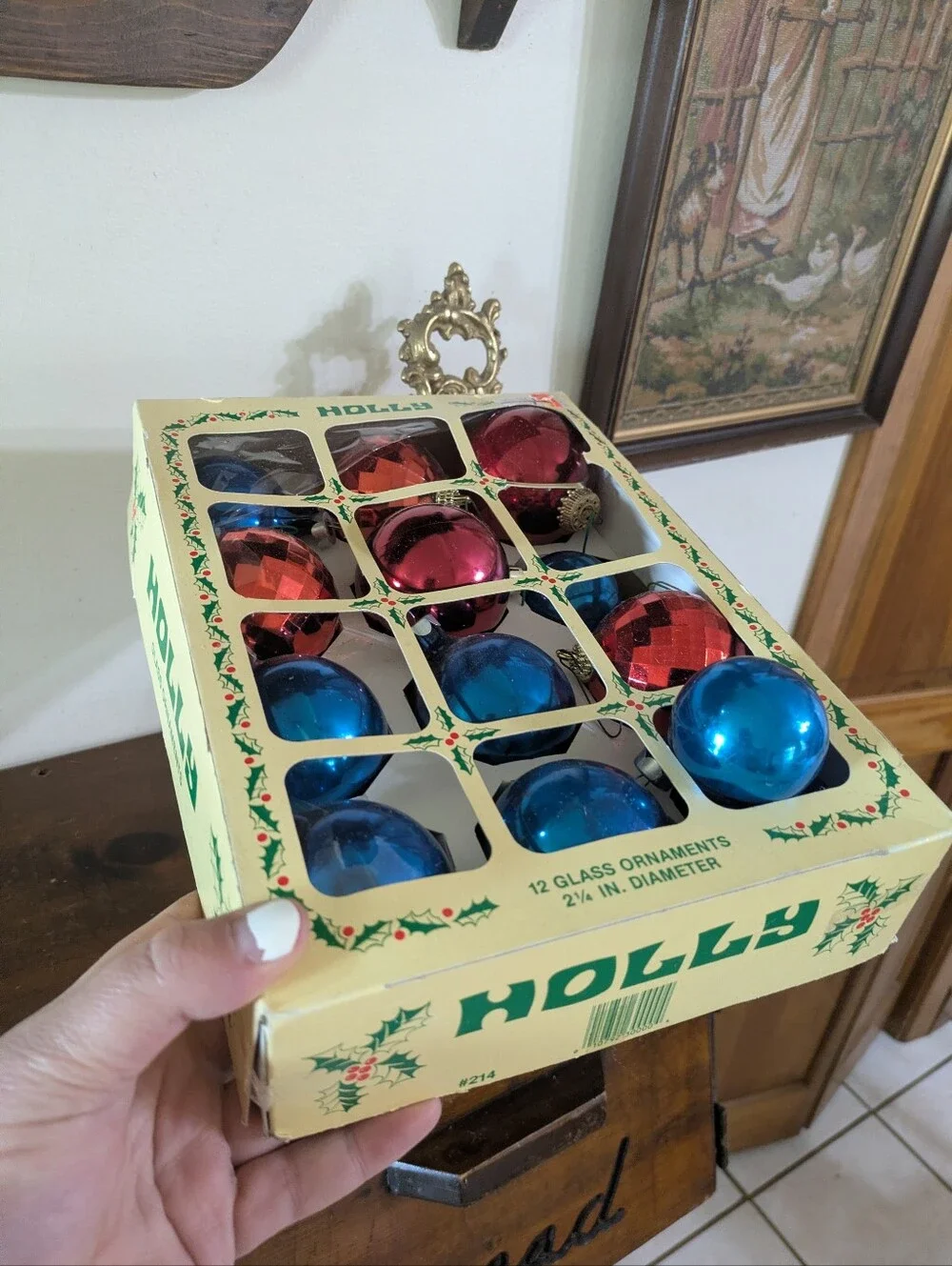 Vintage Holly Glass Christmas Ornaments Box of 12 MCM Retro Red Blue 2.25